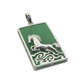 Green Jade Wild Stallion Rectangle Pendant, 925 Sterling Silver by Jade Birthstones