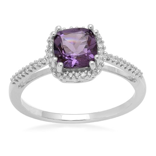10k White Gold, February Birthstone, Amethyst and Diamond Cushion Ring, Size 7