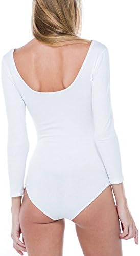 Plus Basic Solid Cotton Long Sleeve Round Neck Bodysuit Leotard Top (2XL, White)