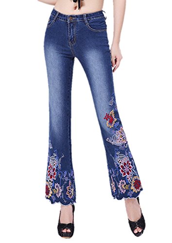 春夏 レディース ボトムス デニム アジアン風 脚長 美脚 ブーツカット ベルボトム レースステッチ デニムパンツ ボヘミアン 刺繍 エスニック カジュアル 美尻 美シルエット K7634