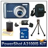 Canon PowerShot A3100 IS Digital Camera (Blue), 12.1 MP, 4x Optical Zoom, 2.7" LCD Display, Digpro Deluxe Carrying Case, 3pc. Lens Cleaning Kit, 4 GB Memory Card, Hi-Speed SD USB 2.0 Card Reader, Mini Tripod
