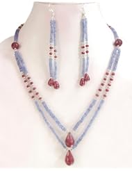 2 Rows Trendy Natural Tanzanite & Ruby Drops Beaded Necklace with Free Earrings