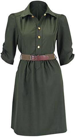 Qooth Women's Summer Half Sleeve Polyster Casual Shirtdress Dress (L, Army Green)