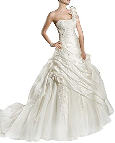 Newpeach Women's Sweetheart One Shoulder Lace Up Court Train Bridal Dress 18