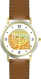 Menorah No.2 Judaica Jewish Theme - WATCHBUDDY&reg; DELUXE TWO-TONE THEME WATCH - Arabic Numbers - Brown Leather Strap-Size-Large ( Men's Size or Jumbo Women's Size )