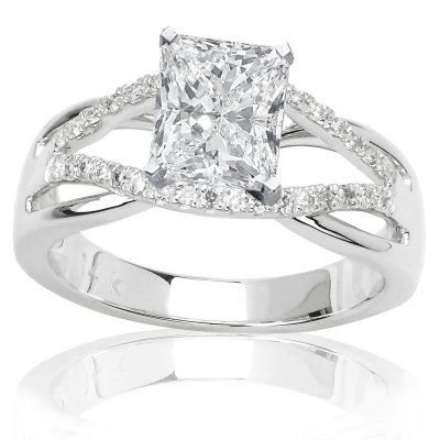 Pave Set Round Diamonds Engagement Ring with a Radiant Cut / Shape 0.53 Carat E VS1 Certified Center Stone and 0.25 Carats of Side Diamonds (0.78 Cttw) Pave Set Round Diamonds Engagement Ring with a Radiant Cut / Shape 0.53 Carat E VS1 Certified Center Stone and 0.25 Carats of Side Diamonds (0.78 Cttw)