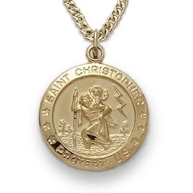 24K Gold Over Sterling Silver 3/4" Round Engraved St. Christopher Medal on 20" Chain