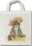 Katzen Tasche - Katze Hawai Hut Sonnenöl Tabby Tan Sunscreen Mietze Felidae Pussi Katzenklo Miau Einkaufstasche Tragetasche Stoffbeutel Beutel Bag Geschenk Geburtstag T-Shirt