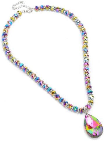 Fashion Beads Adorned Rainbow Teardrop Crystal Glitter Pendant Necklace