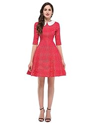 Polka Dot Print Vintage Cotton Elbow Length Sleeves  Dress