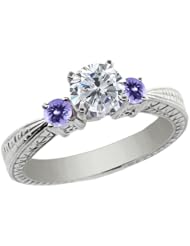 1.24 Ct Round H/I Diamond Blue Tanzanite 14K White Gold 3-Stone Ring