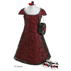 Red & Black Doll Holiday Outfit ~ Includes Elegant Long Dress, Shoes, Bag & Hair Clip ~ Fits 18