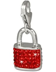 SilberDream Glitter Charm lock with red Czech crystals 925 Sterling Silver Charms Pendant with Lobster Clasp for Charms Bracelet, Necklace or Earring GSC514R