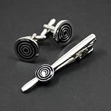 FashionOn Designer Formal Contemporary Round Black Silver Tie Pin and Cufflinks Set with Presentation Box