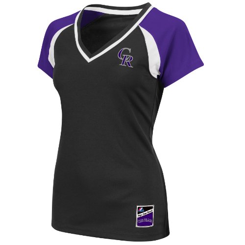 MLB Colorado Rockies Women's Short Sleeve Raglan Deep V-Neck Synthetic Tee (Black/Regal Purple/White, Large)