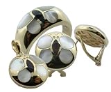 White Mother Of Pearl and Black Jade Butterfly Contour Earring, Ring and Pendant Set with Diamonds, 14k Gold