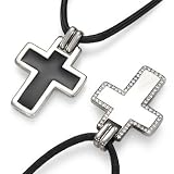 Silver Reversible Cross Necklace with Black Enamel or Diamond Edging
