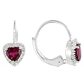 Silver Heart Created Ruby Earrings - Red