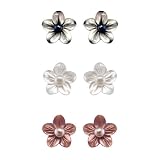 3 Pairs, 5-6mm Round Freshwater Pearl Stud Earrings in 14K Yellow Gold with 3, Matching Interchangeable Mother-of-Pearl Flowers in Black, White, and Pink