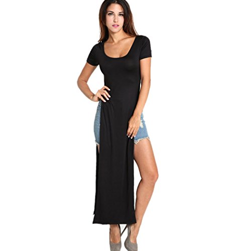 FINEJO Women Double Split Short Sleeve Long Maxi Dress High Split Slit Skirt