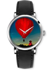 SPRAWL Aanalog Fashion Series Silver Ladies Watches of Genuine Black Leather Strap,Unique Wrist Watch for Women Girls Designed with Hot air balloon