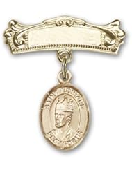 14K Gold Baby Badge with St. Edward the Confessor Charm and Arched Polished Badge Pin