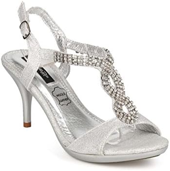 Cathy Din EC44 Women Glitter Open Toe Rhinestone Slingback Kitten Heel Sandal - Silver (Size: 9.0)