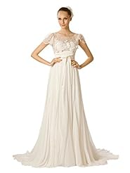 Sexy A-line Floral Print Cap Sleeves Vintage Lace Applique Chiffon  Dress with a Court Train 