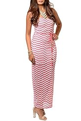 Sexy Strapless Sheer Polyester Chevron Print Maxi Dress  With a Sash 