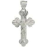 Sterling Silver Crucifix Pendant ( Jesus Christ on Cross Bottony ), 1 5/16 in. (33mm) tall, w/ 18 in. Thin Box Chain