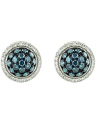 14K White Gold 1ct Perfect Circle Micropave Blue & Diamond Stud Post Earrings