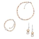 Children's Peach/White Cultured Freshwater Pearl Earrings, Bracelet and Necklace