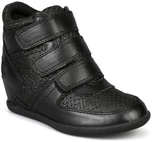 Happy Soda Unzip-2S Leatherette Glitter Velcro Hidden Wedge Sneaker (Little Girl/ Big Girl) - Black (Size: Little Kid 1)