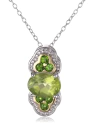 18k Yellow Gold Plated Sterling Silver Two-Tone Genuine Peridot and Chrome Diopside Drop Pendant Necklace, 18"
