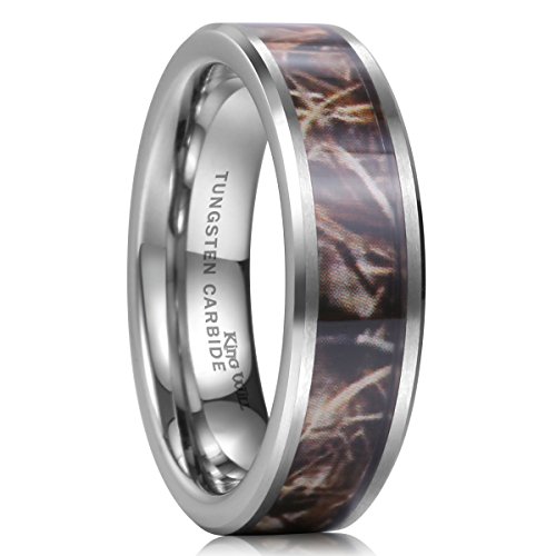 King Will 8mm Camouflage Hunting Mens Tungsten Ring Camo Step Edge Polished Wedding Band Trees Leaves