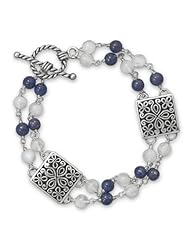 8" Oxidized Lapis and Rainbow Moonstone Toggle Bracelet 925 Sterling Silver