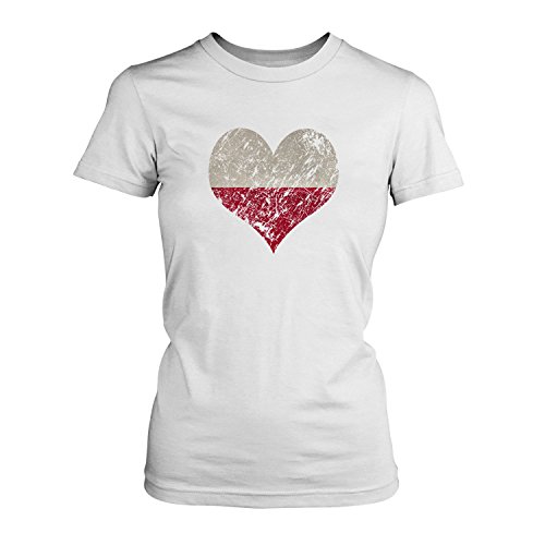 EM 2016 I Love Poland – Damen T-Shirt von Fashionalarm | Shirt für Fußball Fans | Print im Vintage Destroyed Used Look | Europameisterschaft Europameister Trikot Herz Polen, Farbe:weiß;Größe:L