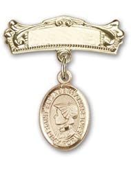 Gold Filled Baby Badge with St. Elizabeth Ann Seton Charm and Arched Polished Badge Pin