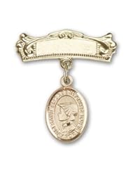 14K Gold Baby Badge with St. Elizabeth Ann Seton Charm and Arched Polished Badge Pin