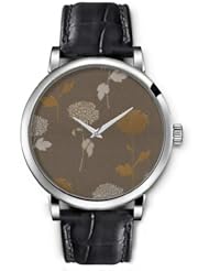 SPRAWL Aanalog Fashion Series Silver Ladies Watches of Genuine Black Leather Strap,Unique Wrist Watch for Women Girls Designed with Chrysanthemum Flowers on coffee background