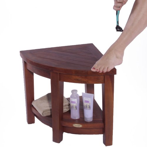 Oasis FULLY ASSEMBLED Teak Corner Shower Bench With Shelf Shower Sitting Storage Saving Foot