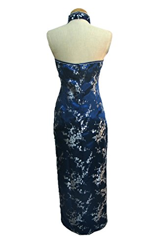 7FairyWomen's Navy Blue Floral Halter Backless Long Chinese Dress