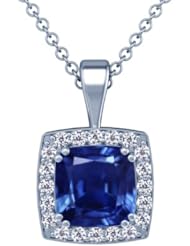 14K White Gold Cushion Cut Blue Sapphire And Round Diamond Pendant (GIA Certificate)