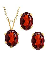 3.20 Ct Oval Red Garnet Gold Plated Silver Pendant Earrings Set