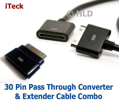 iTeck COMBO Dock Extender Converter 30-Pin Pass Through Adapter PLUS 4ft 30Pin Extender Cable for iPhone 4, iPod & iPad 2 - Works with Bose SoundDock Sony iHome etc Without Removing the Case