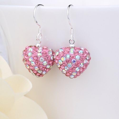 DUMAN 1 Pair Heart Pink and Crystal AB Shamballa Inspired Swarovski Crystal Beads Nickel Free Princess Silver Dangle Earrings