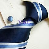 NEW Y&G Designer hand made blue white stripes 100% Jacquard Woven Pure Silk Mens Neck Tie and...