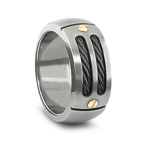 Edward Mirell Mens Grey Titanium Ring with Black Memory Cable and 18k Yellow Screws, Size 10