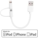 Skiva CB105 USBLink Short Lightning Duo 2-in-1 Sync and Charge Cable with Lightning & microUSB Connectors for iOS, Android & Windows Smartphones / Tablets - 0.5 Feet (15 mm) - White (Apple MFi Certified)