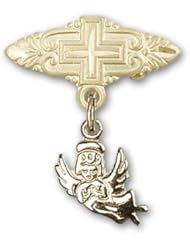 14kt Gold Baby Badge with Guardian Angel Charm and Badge Pin with Cross